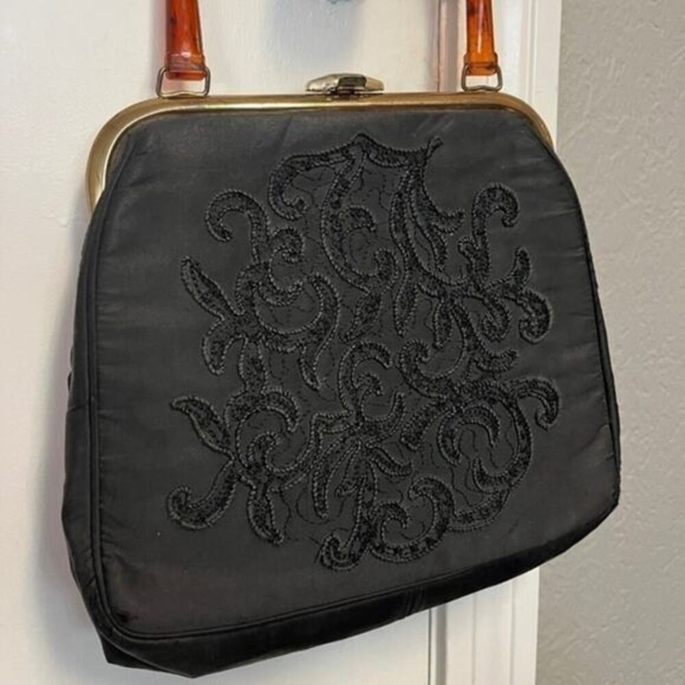 Vintage 1940s Large Black Satin Floral Embroidered Handbag with Lucite Handle 2